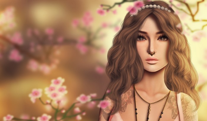 Woman with brown hair and nose ring among pink flowers