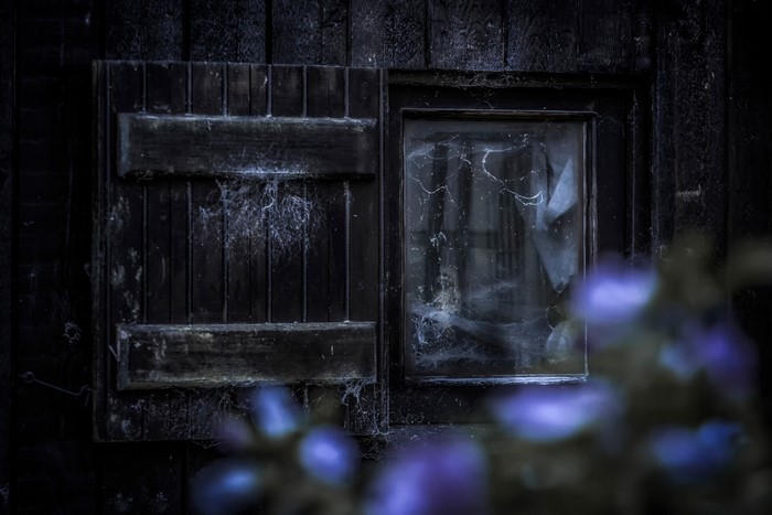 Dark wooden window with cobwebs