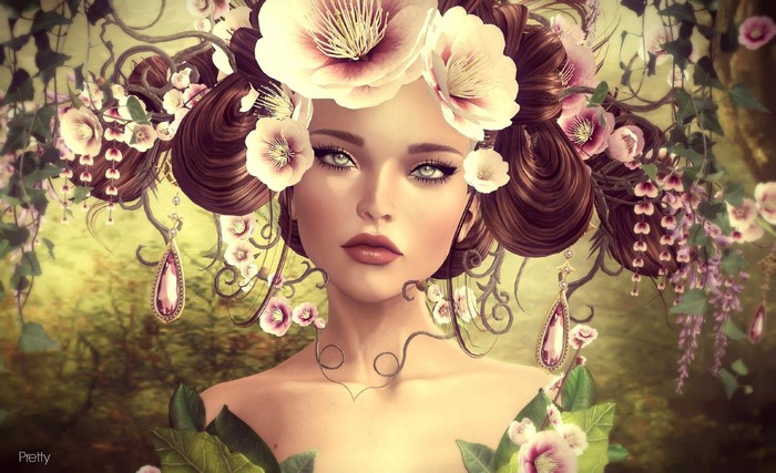 Woman with flowers in her hair and ornate earrings