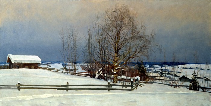 Winter village scene with snow-covered houses and trees