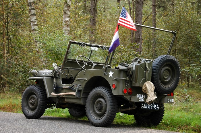 Willys MB Jeep with American and Dutch flags