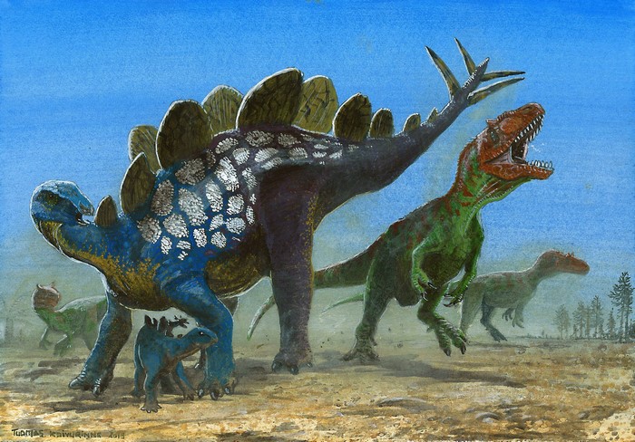 Hesperosaurus dinosaurs in a prehistoric landscape by Tuomas Koivurinne