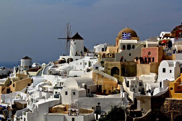 Oia, Greece white buildings and windmills