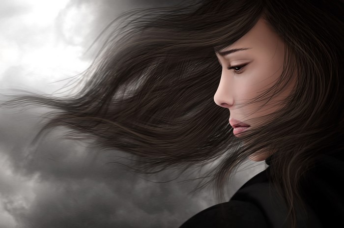Painting of a brunette girl with windblown hair