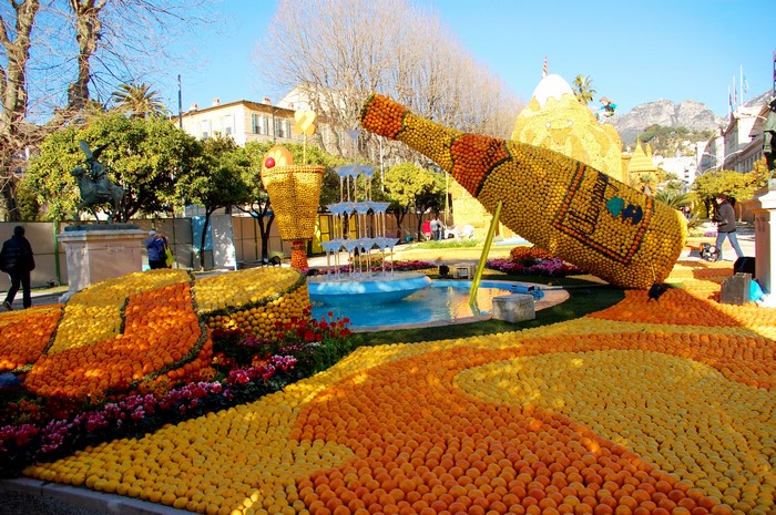 Lemon Festival in Menton, France with fruit sculptures