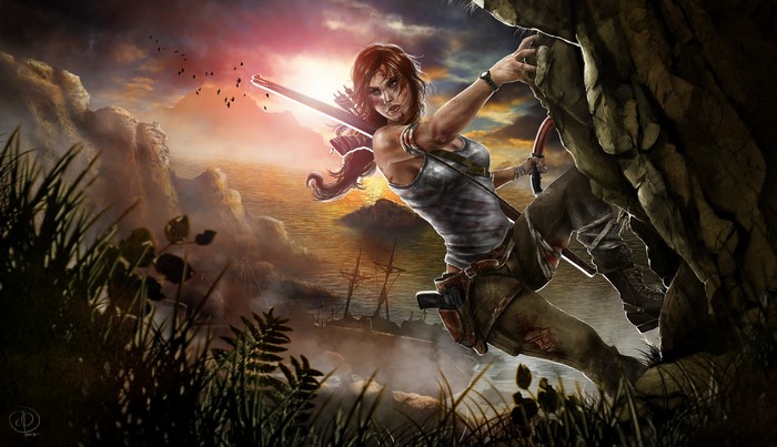 Lara Croft climbing a cliff in Tomb Raider 2013