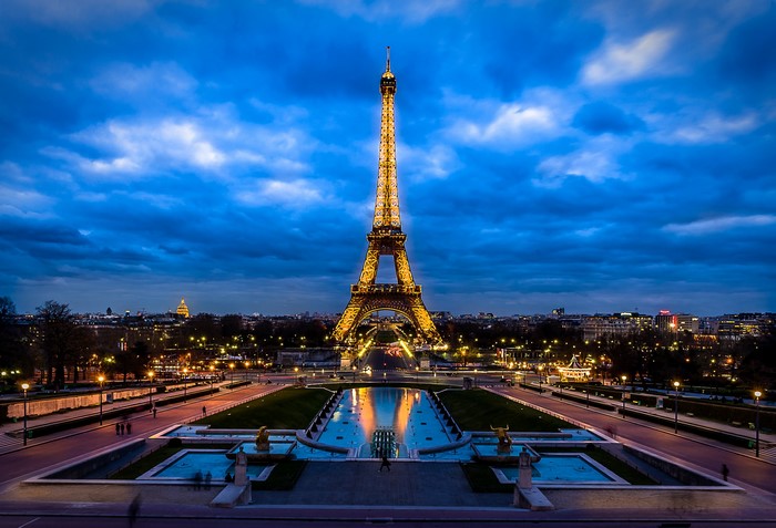Eiffel Tower at dusk in Paris, France