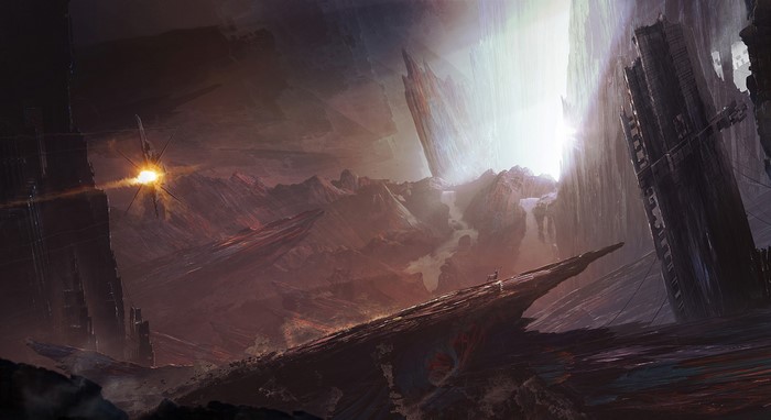 Spaceship in a fantastic, craggy world