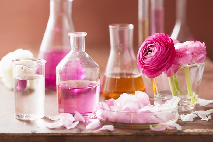 Still-life with flowers and liquids in beakers