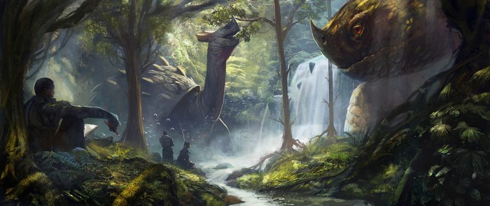 Prehistoric jungle with dinosaurs and explorers