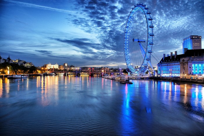 London Eye Ferris Wheel over River Thames at Dusk