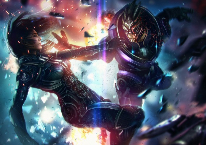 Female soldier and Turian from Mass Effect in battle