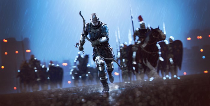 4K Medieval Archer and Knights in Rain