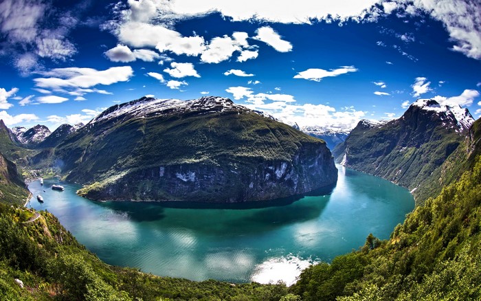 Geiranger Fjord, Norway, with Mountains and Lake