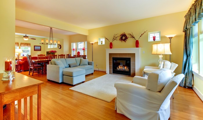 Living room with sofa, fireplace, and dining area