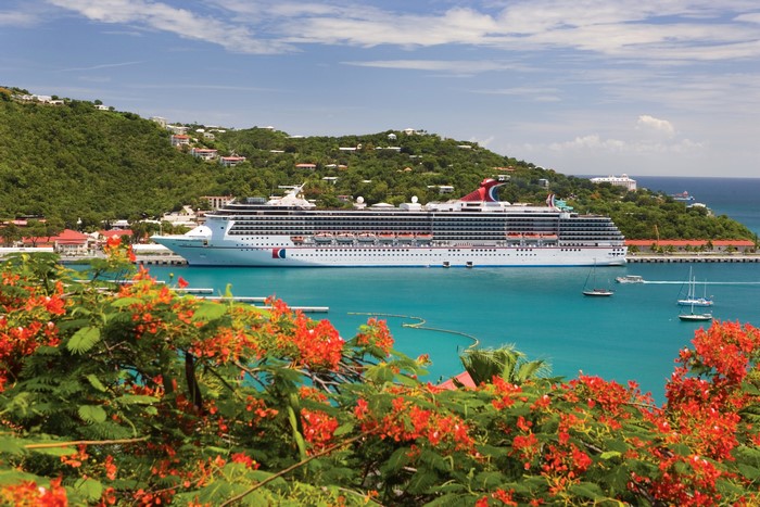 Cruise ship docked in a tropical bay with lush green hills