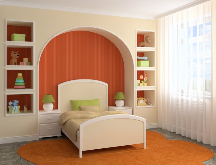 Children's bedroom with bed and shelves