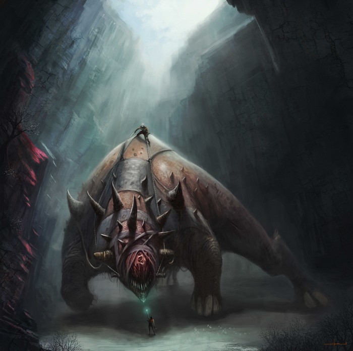 Monster with rider in a canyon