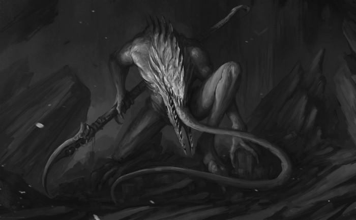 Monster with a spear in a dark cave