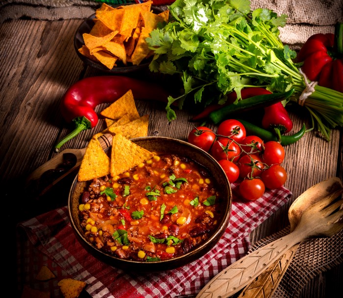 Chili with Tortilla Chips and Vegetables