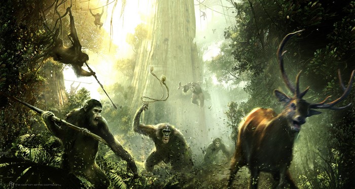 Monkeys hunting a deer in a jungle