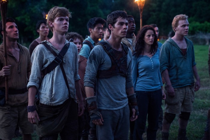 The Maze Runner group with torches
