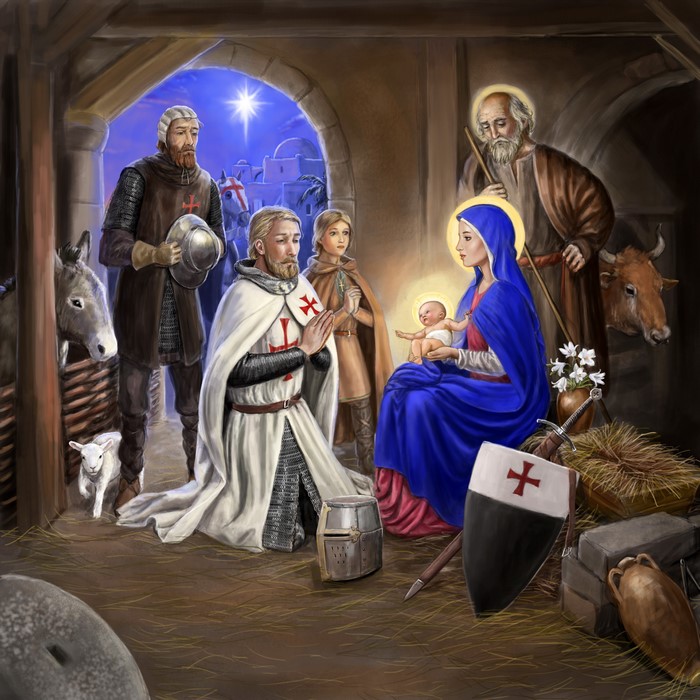 Nativity scene with knights and animals