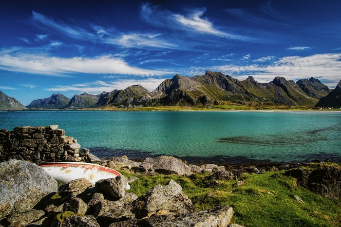 Mountains and turquoise water in Lofoten, Norway