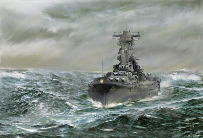 4K Painting of Battleship Yamato in Rough Seas