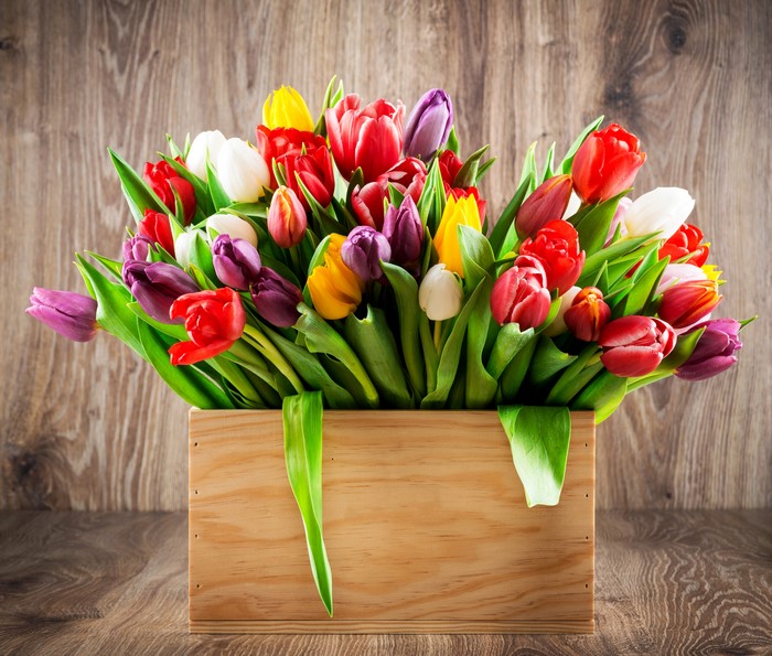 A wooden crate filled with a colorful bouquet of tulips