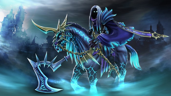 Abaddon from DOTA 2 riding a spectral horse with a scythe