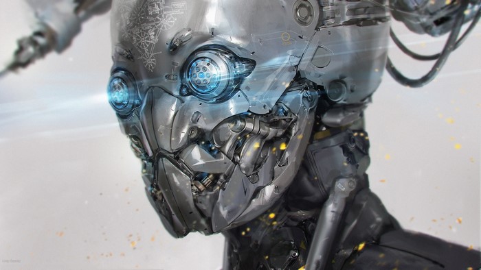 Close-up of a detailed metallic robot head