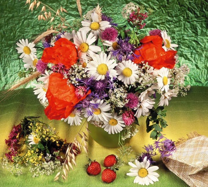 Bouquet of Poppies, Camomiles, Cornflowers, and Strawberries