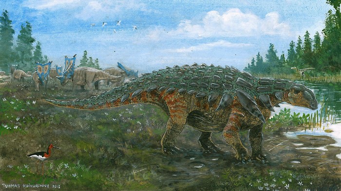 Ankylosaurus and other dinosaurs in a prehistoric landscape