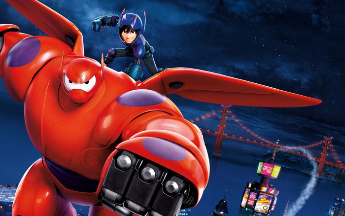 Hiro Hamada and Baymax from Big Hero 6 flying over a city