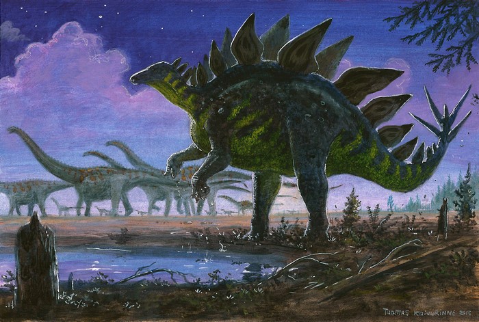 Stegosaurus and Sauropods in a Prehistoric Landscape