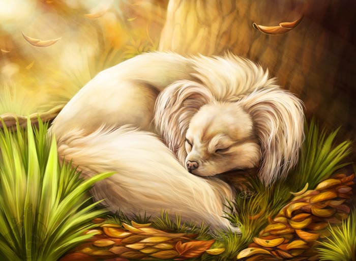 Painting of a sleeping dog in a forest