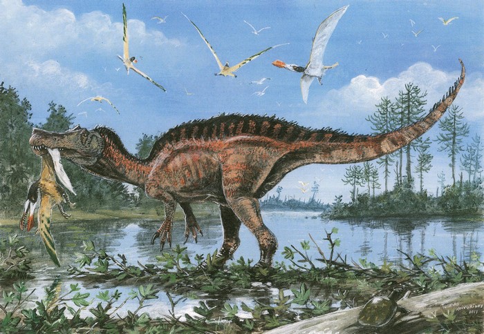 Spinosaurus hunting a dinosaur with pterosaurs flying overhead