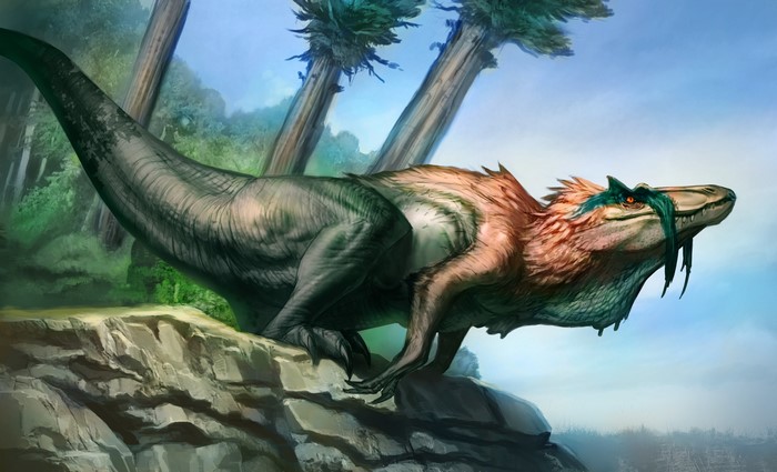 Painting of a theropod dinosaur on a rocky outcrop