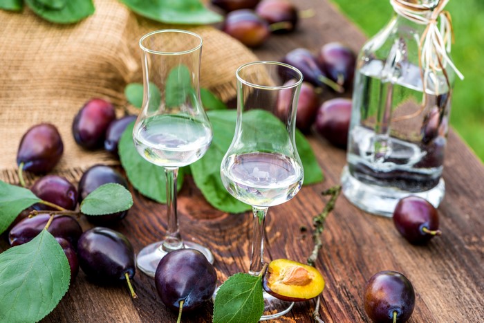 Plum Schnapps in Glasses and Bottle