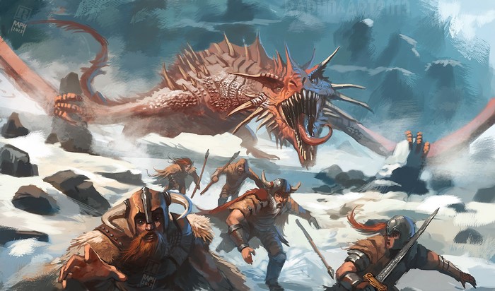 Vikings battle a fearsome dragon in a snowy landscape
