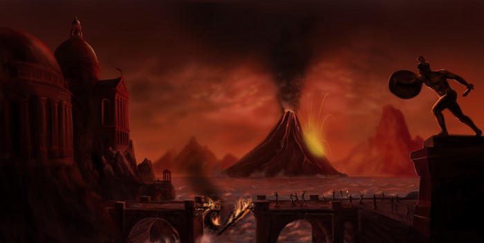 Volcano eruption near ancient city with statue