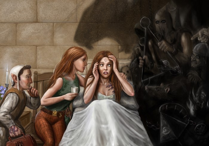 Woman in white dress distressed by shadowy figures