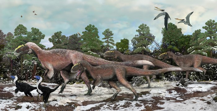 4K Dinosaurs and Pterosaurs in Snowy Forest