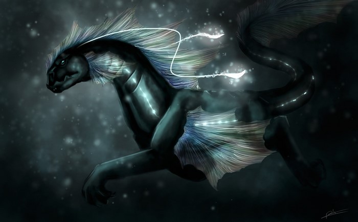 A dark, ethereal dragon-like creature with glowing markings