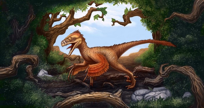 Bambiraptor dinosaur in a prehistoric forest