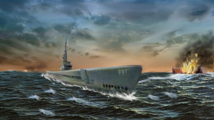 USS Bowfin Submarine attacking a ship