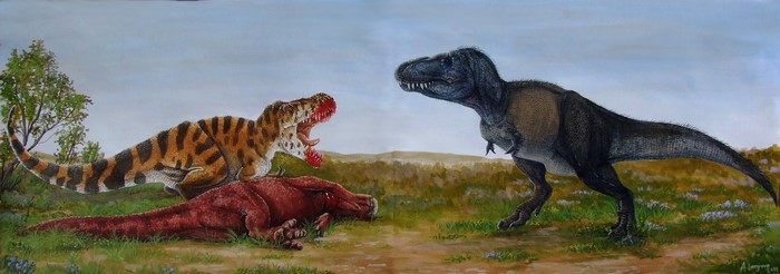 Zhuchengtyrannus and Tarbosaurus dinosaurs fighting