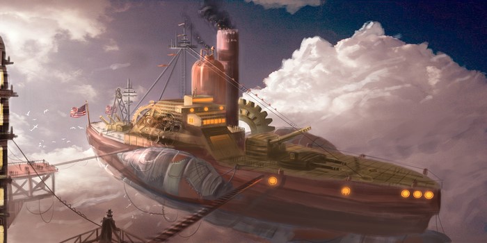 Steampunk airship flying through clouds