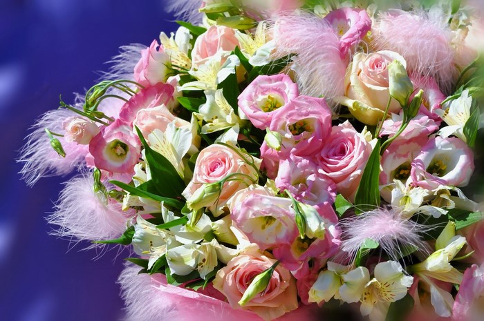 Pink Roses and Eustoma Bouquet with Feathers